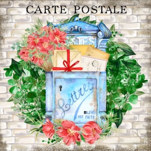 Vintage Brick Wall Background, Paris Mailbox, French Letters, Carte Postal, Poppies, Farmhouse Decor, Sign and Art Prints Digital Download