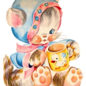 May include: A vintage illustration of a kitten wearing a blue bonnet with a pink floral trim and a matching scarf. The kitten is holding a yellow mug with a duck design, filled with a brown beverage. The kitten has blue eyes and a multi-colored coat.