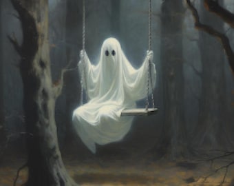 Sheet Ghost on A Swing, Halloween, Haunting, Vintage Farmhouse