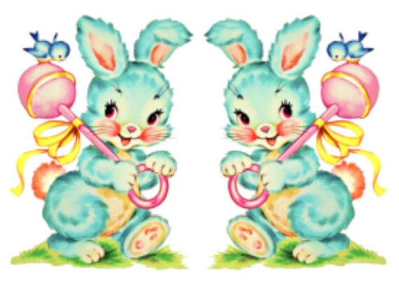 Vintage Image Retro Nursery Baby Bunny Rattle Transfers Waterslide