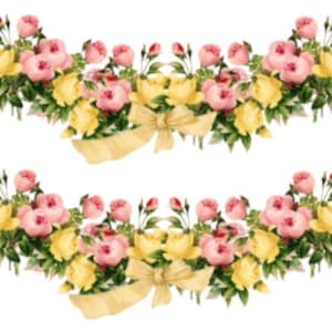 Vintage Image Shabby Pink Yellow Roses Swag with Bow Transfers Waterslide Decals~ FL229
