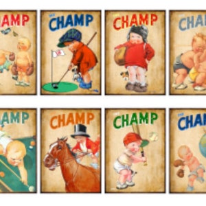 May include: A set of eight vintage-style illustrations featuring babies in various sports activities. Each illustration features a baby in a different sport, including golf, baseball, football, swimming, and more. The illustrations are in a cartoon style and are set against a background of old paper.