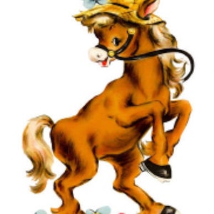 May include: A brown horse wearing a yellow straw hat with a blue flower on it. The horse is standing on its hind legs with its front legs raised. There are blue and pink flowers on the ground.