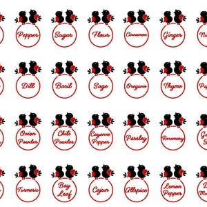 May include: A set of 24 red and black spice jar labels featuring a pair of birds on each label. The labels are printed with the names of various spices, including salt, pepper, sugar, flour, cinnamon, ginger, nutmeg, cumin, dill, basil, sage, oregano, thyme, paprika, garlic powder, onion powder, chili powder, cayenne pepper, parsley, rosemary, garlic salt, cloves, turmeric, bay leaf, Cajun, allspice, lemon pepper, and dry mustard.