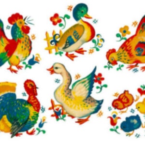 May include: A colourful illustration of a rooster, a duck, a goose, a hen, a turkey, and two chicks. The animals are all depicted in a whimsical style with bright colours and intricate details.