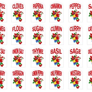 May include: Twenty-four white labels with red text and a floral design. The labels are for spices and herbs, including allspice, cloves, paprika, cinnamon, pepper, salt, nutmeg, flour, sugar, cumin, curry, cayenne, garlic salt, onion salt, thyme, basil, sage, dill weed, rosemary, tarragon, lemon pepper, chili powder, mustard, and oregano.