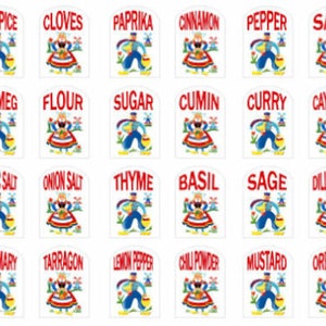 May include: A set of 18 spice jar labels featuring colorful illustrations of people in traditional Dutch clothing. Each label has a different spice name printed in red, such as Allspice, Cloves, Paprika, Cinnamon, Pepper, Salt, Nutmeg, Flour, Sugar, Cumin, Curry, Cayenne, Garlic Salt, Onion Salt, Thyme, Basil, Sage, Dill Weed, Rosemary, Tarragon, Lemon Pepper, Chili Powder, Mustard, and Oregano.