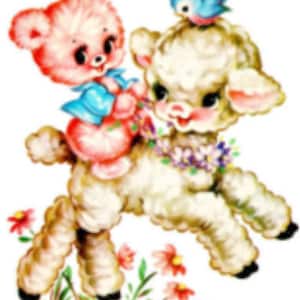 May include: A pink teddy bear riding on a white lamb with a blue bird perched on the lamb's head. The lamb has a purple flower garland around its neck and there are pink and purple flowers in the background.