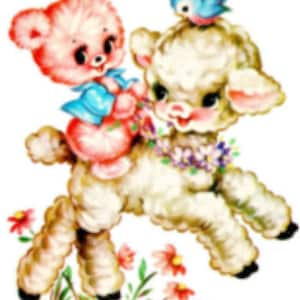 Vintage Image Retro Nursery Pink Bear Riding Lamb Furniture Transfers Waterslide Decals AN514