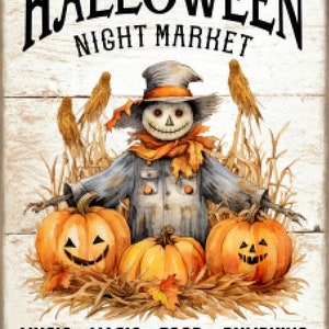 Vintage Grunge Wood Background Halloween Night Market, Scarecrows, Cornstalks, Crows, Autumn Art Sign and Print Digital Download