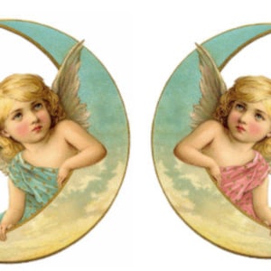 Vintage Shabby Victorian Cherub on Half Moon Pink and Blue Digital Download — Printable Ephemera