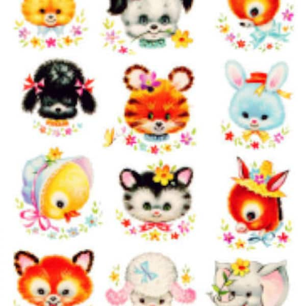 Vintage Image Retro Nursery Baby Animal Heads Assortment Transfers Waterslide Decals AN598