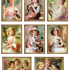May include: Nine vintage illustrations of young girls with their pet animals. The girls are dressed in various styles of clothing and are holding or petting their animals. The illustrations are in a soft, pastel color palette and have a whimsical feel.