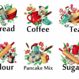 May include: Six vintage-style illustrations of kitchen ingredients. Each illustration features a different ingredient: bread, coffee, tea, flour, pancake mix, and sugar. The illustrations are surrounded by flowers and kitchen utensils.