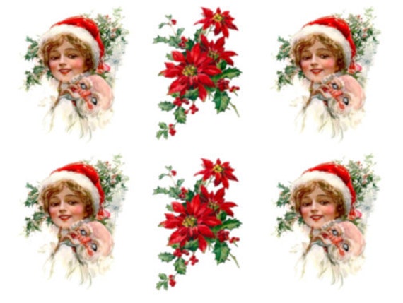 Vintage Image Victorian Christmas Woman Poinsettia Waterslide Decals CHR256