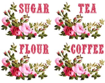 May include: Four vintage-style labels with pink roses and green leaves. The labels read "Sugar", "Tea", "Flour", and "Coffee".