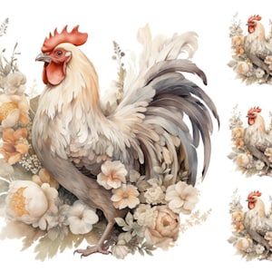 May include: A watercolour painting of a rooster with a white and grey body and a red comb. The rooster is surrounded by a variety of flowers in shades of white, yellow, and brown.