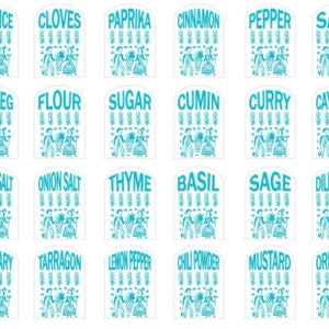 May include: A set of 20 white spice jar labels with blue lettering and illustrations. The labels include names like allspice, cloves, paprika, cinnamon, pepper, salt, nutmeg, flour, sugar, cumin, curry, cayenne, garlic salt, onion salt, thyme, basil, sage, dill weed, rosemary, tarragon, lemon pepper, chili powder, mustard, and oregano.