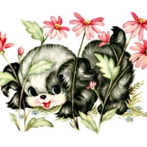 Vintage Image Shabby Nursery Puppy Dog Flowers Animals Transfers Decals AN867