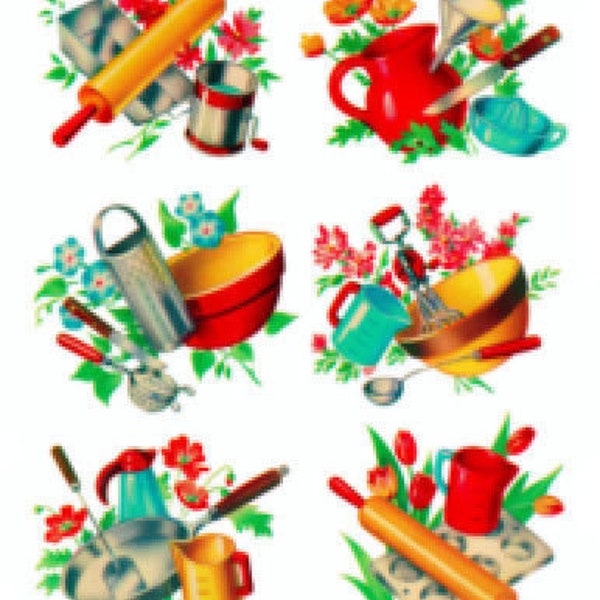 Vintage Image Retro Kitchen Utensils Bakeware Cooking Transfers Waterslide Decals KI309