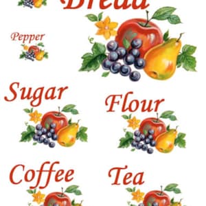 May include: Set of six vintage-style kitchen labels featuring a red apple, yellow pear, and purple grapes with green leaves. The labels are for Bread, Flour, Sugar, Coffee, Tea, and Salt & Pepper.