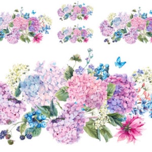 Shabby Pastel Watercolor Blue Hydrangeas Swag Bouquet Transfers Waterslide Decals FL521
