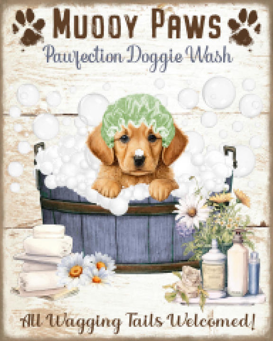 Vintage Grunge Wood, Dog Wash, Wooden Tub, Dog Bathing, Muddy Paws