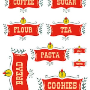 May include: Red and white vintage style labels with floral accents and the words "Coffee", "Sugar", "Flour", "Tea", "Pasta", "Bread", "Cookies", "Salt", and "Pepper".