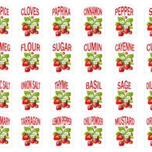 May include: Twenty-four white labels with red text and images of strawberries. The labels are for spices and herbs, including allspice, cloves, paprika, cinnamon, pepper, salt, nutmeg, flour, sugar, cumin, cayenne, curry, garlic salt, onion salt, thyme, basil, sage, dill weed, rosemary, tarragon, lemon pepper, chili powder, mustard, and oregano.