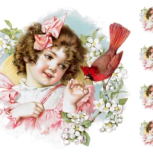 May include: A young girl with a pink bow in her hair is looking at a red cardinal perched on a branch. The girl is wearing a pink dress and a straw hat. The background is a white floral pattern.