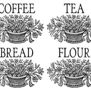 May include: Black and white illustration featuring four decorative floral arrangements in baskets. The words "COFFEE", "TEA", "BREAD", and "FLOUR" are above each basket, respectively. The floral arrangements have detailed leaves and flowers.