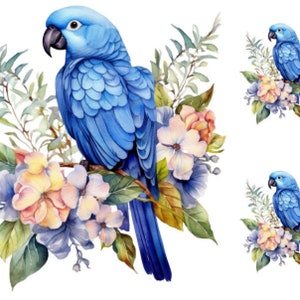 May include: A blue parrot with a long tail perched on a branch of flowers. The flowers are pink, white, and purple. The background is white.