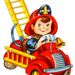 Vintage Image Nursery Retro Fireman Firetruck Little Boys Digital Download — Printable Ephemera