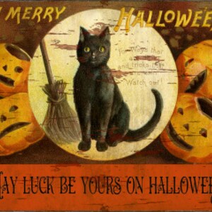Gato preto vintage Grunge Halloween, abóboras, cartão postal vitoriano de gato Halloween, fazenda, sinal de arte country e download digital impresso