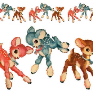May include: A set of nine vintage illustrations of cute cartoon deer with blue, pink and brown spots. The deer are in various poses, some are standing, some are walking, and some are looking at the viewer.