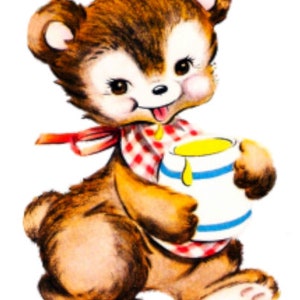 May include: A brown teddy bear with a red and white checkered bib is holding a white and blue striped jar of honey. The honey is dripping from the jar.