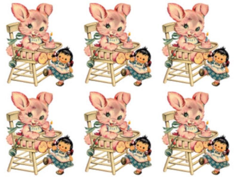 Vintage Nursery Baby Pink Bunny In Highchair Waterslide Decals AN504 C - 6 Medium