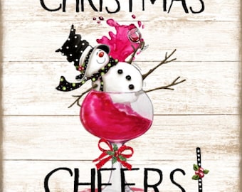 Grunge Wood Background Christmas Cheers, Party, Wine, Snowman, Art Sign, Farmhouse Home Decor and Print, Digital Download