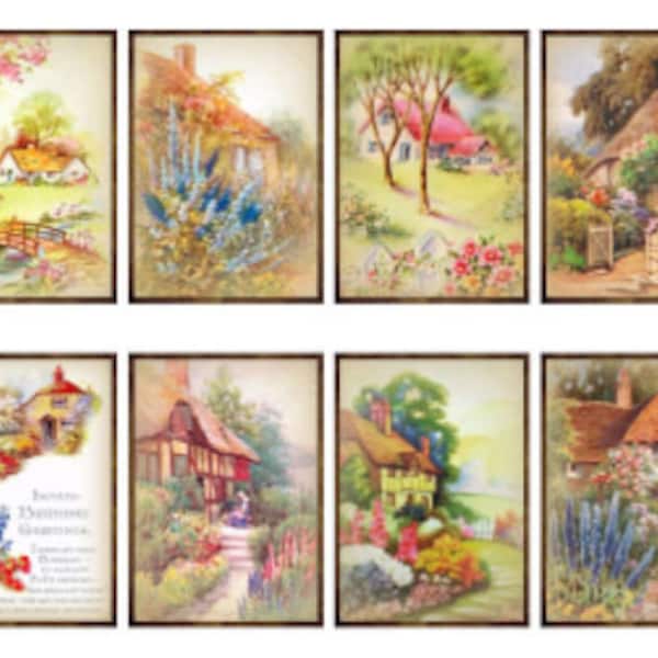 8 Vintage Grunge Victorian Country Cottages Collage Sheet ATC ACEO / Vintage Cottages Digital Collage Sheet Tags Images—Printable Ephemera