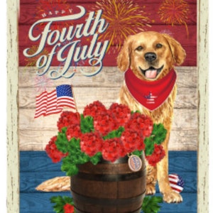 May include: A framed illustration of a golden retriever dog wearing a red, white and blue bandana. The dog is sitting in front of a wooden barrel with red flowers and a red, white and blue American flag. The background is a red, white and blue patriotic design with the text "Happy Fourth of July".