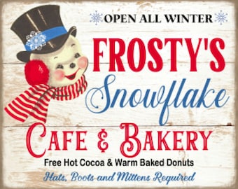 Vintage Grunge Background Frosty's Snowflake Cafe Bakery, Christmas, Retro Snowman, Winter, Farmhouse, Art Sign and Print Digital Download