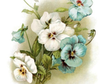 Vintage Image Shabby Antique Blue and White Pansies Transfers Waterslide Decals~FL275