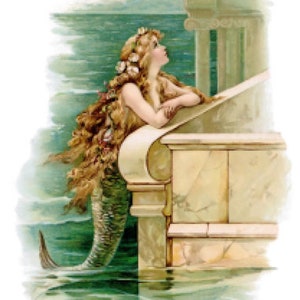May include: A mermaid with long flowing brown hair and a crown of white flowers sits on a stone ledge, looking out at the water. The water is a vibrant green and blue, and the stone ledge is a light beige.