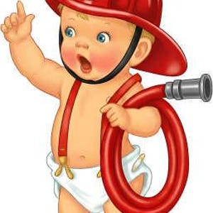 May include: A cartoon illustration of a baby dressed as a firefighter. The baby wears a red firefighter's helmet with a gold emblem, red braces, and a white nappy. The baby holds a red fire hose and points upwards.