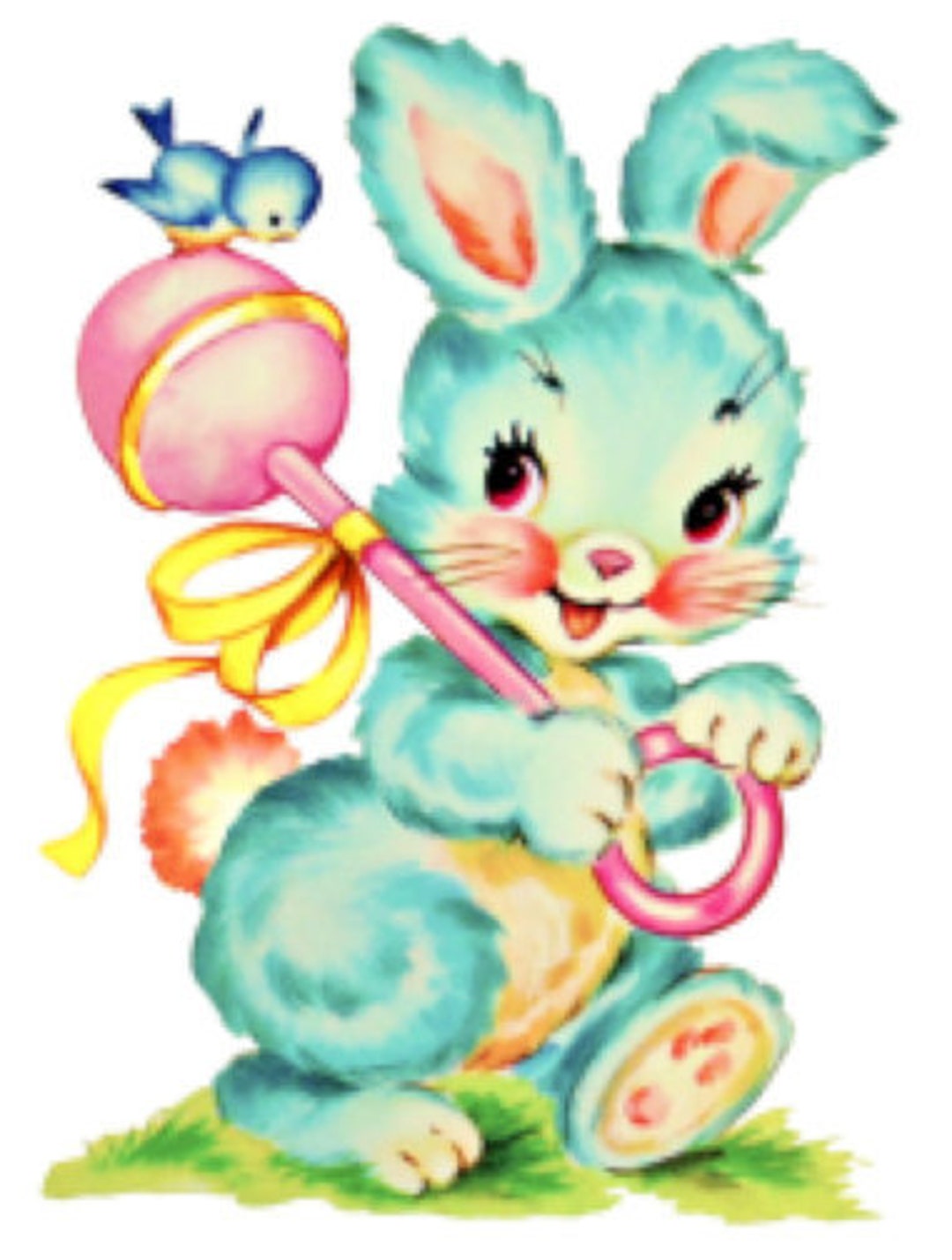 Vintage Image Retro Nursery Baby Bunny Rattle Transfers Waterslide