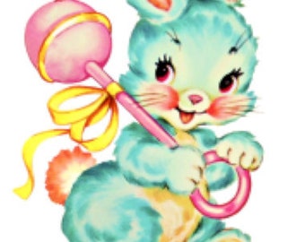 Vintage Image Retro Nursery Baby Bunny Rattle Transfers Waterslide