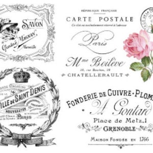 May include: Four vintage French-style labels with black and white illustrations and text. The top left label says "Savon Grebné Minew Marveil". The top right label says "Carte Postale Paris Mme Boileve CHATELLERAULT". The bottom left label says "Ville de Saint Denis NOUVEAUTES PARIS". The bottom right label says "FONDERIE DE CUIVRE PLOMBERIE • Gontard • Place de Metz.1 GRENOBLE MAISON FONDSE EN 1766".
