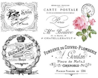 Könnte beinhalten: Vier Vintage-Etiketten im französischen Stil mit Schwarzweißillustrationen und Text. Das Etikett oben links lautet "Savon Grebné Minew Marveil". Das Etikett oben rechts lautet "Carte Postale Paris Mme Boileve CHATELLERAULT". Das Etikett unten links lautet "Ville de Saint Denis NOUVEAUTES PARIS". Das Etikett unten rechts lautet "FONDERIE DE CUIVRE PLOMBERIE • Gontard • Place de Metz.1 GRENOBLE MAISON FONDSE EN 1766".