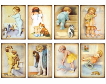 8 Vintage Grunge Vintage Toddler Children Dogs ATC ACEO / Digital Collage Sheet Tags Imágenes—Printable Ephemera