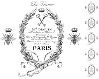 Könnte beinhalten: Schwarz-weiß-Illustration einer Biene mit einer Krone, einem Kranz aus Blättern und Text, der "La France", "M. Drouin", "Marchande de Moden", "Demeuraut", "Chez M. Furgaull M. Papelier", "Rue Saint Bonar", "Atenant la Mire de Courer Vaga", "ala Trite Noire" und "PARIS" lautet.